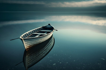 A serene lake with a single boat drifting peacefully. AIの素材