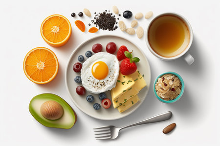 A nutritious breakfast with diverse options, showcased against a white background. AIの素材