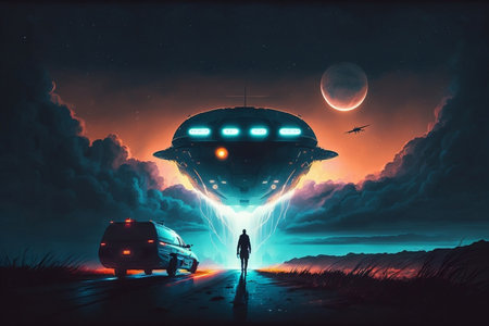 Sci-Fi Digital Illustration of Spaceship Abducting Human in Nighttime Scene with Artistic Painted Style. AIの素材