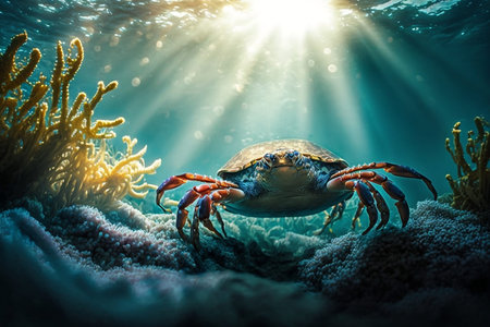 A close-up photograph of a crab in an underwater coral reef with sunlight filtering through the water. AIの素材
