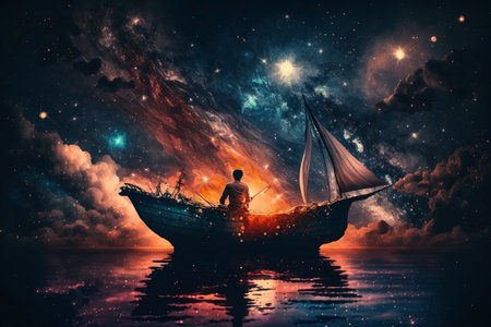 A man on a boat in outer space surrounded by stars, clouds, and both night and sunset skies. AIの素材