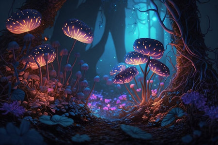 A fairy forest at night, with glowing flowers and lights in a fantasy setting. AIの素材