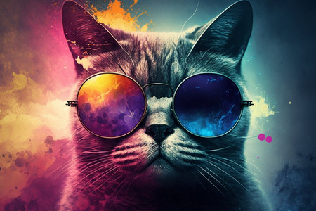 On a Colorful Background, a Cat Wearing Sunglasses Looks Cool. AIの素材