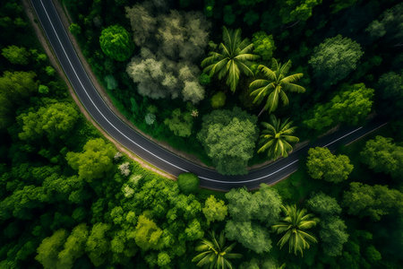 Top Down View of a Serpentine Road Cutting Through a Lush Green Rainforest. AIの素材