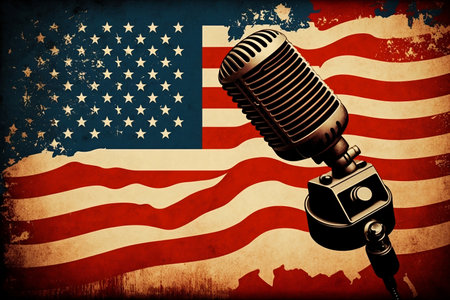 Patriotic propaganda concept with microphone and American flag in background. AIの素材