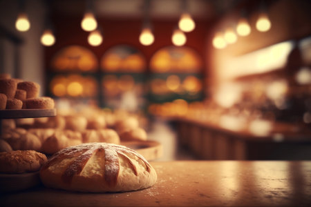 Foreground Table of Freshly Baked Bread with Blurred Bakery Background. AIの素材