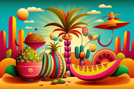 Colorful and surreal cartoon-style illustration for Cinco de Mayo holiday with a tropical punk twist. AIの素材