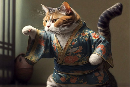 Karate Cat Fighter Fierce and Stylish in a Kimono. AIの素材