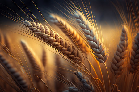 Agricultural field of wheat with a close-up view of wheat ears. AIの素材