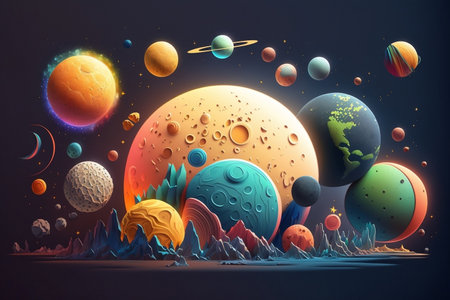 Colorful Cartoon Illustration of Planets and Moons. AIの素材