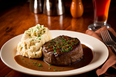 Filet Mignon Steak with a Side of Creamy Mashed Potatoes. AIの素材