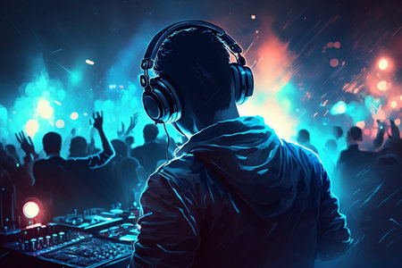 DJ with Headphones Spinning at Nightclub Party with a Blue and Rose Light and a Crowd of People in the Background. AIの素材
