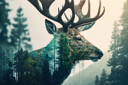 A double exposure image featuring the face of a deer and a green forest. AIの素材