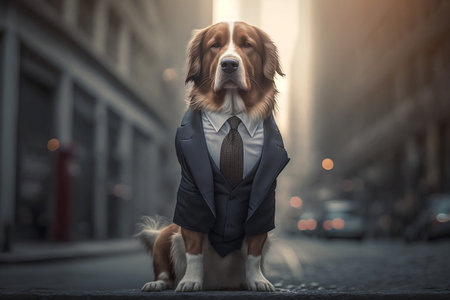 Dog Wearing Business Suit Posing in the City. AIの素材