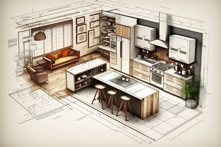 Modern Kitchen Interior Design Drawing with Furniture Layout Plans. AIの素材