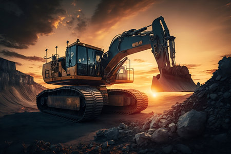 Excavator Moving Earth at Coal Open Pit During Sunset. AIの素材