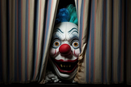 A creepy clown with sharp teeth peeks from behind a curtain, creating a frightening face. AIの素材