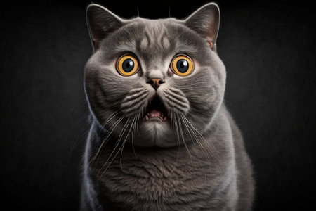 Amusing Cat Portrait on Dark Background, Expressing Surprise. AIの素材