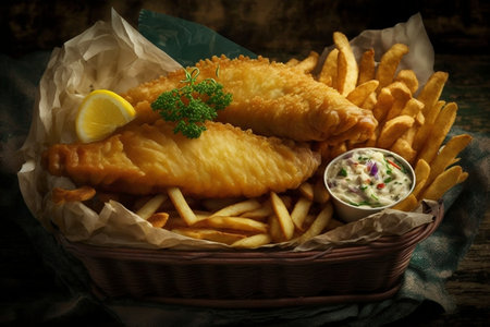 Close-up Shot of Fish and Chips in a Basket. AIの素材
