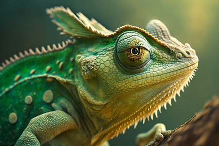 A close-up of a chameleon with green coloration. AIの素材