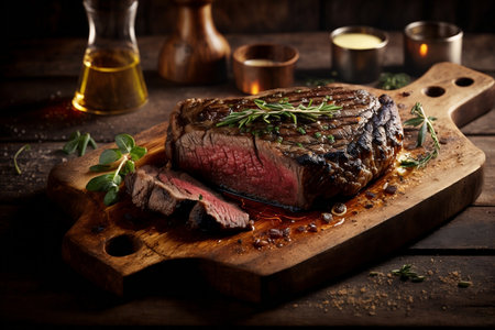 Juicy Grilled Steak on a Wooden Board with Soft Natural Light on a Neutral Background. AIの素材