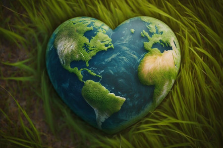 A Heart-Shaped Planet on Green Grass to Celebrate Earth Day. AIの素材