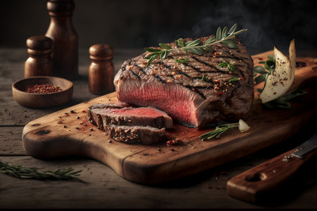 Juicy Grilled Steak on a Wooden Board with Soft Natural Light on a Neutral Background. AIの素材