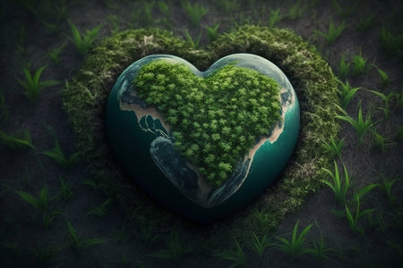 A Heart-Shaped Planet on Green Grass to Celebrate Earth Day. AIの素材