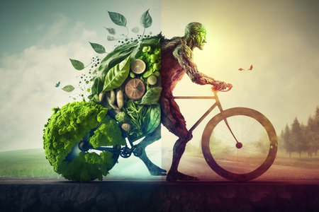 Sustainable Lifestyle Concept: Human on Bicycle against Eco-Friendly Background Promoting Health and Wellness. AIの素材