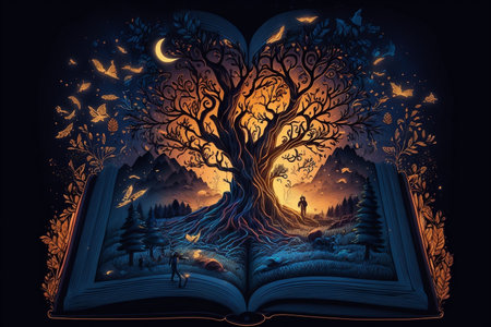 A illustration of a magical book containing fantastical stories. AIの素材