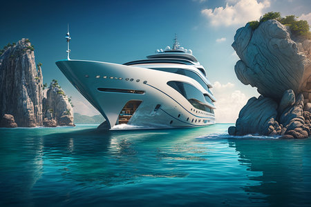 A luxury yacht floating on the sea on a sunny day. AIの素材