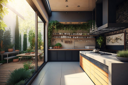 Modern Interior of a Garden Terrace Kitchen. AIの素材
