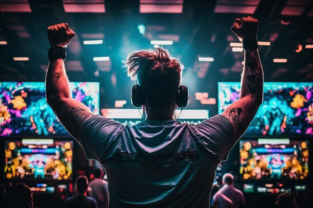 A professional e-sports gamer celebrates victory in an arcade, as seen from behind. AIの素材