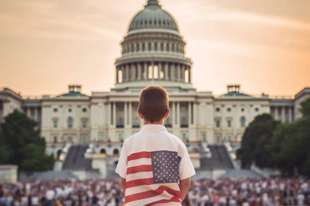 Young Boy with American Flag on Independence Day at Capitol Hill, USA. AIの素材