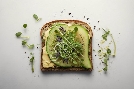 A slice of toast, topped with creamy avocado and generously garnished with nutritious microgreens. AIの素材