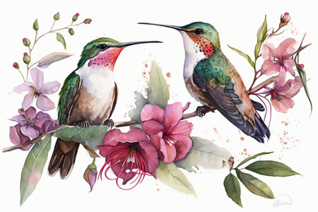 A watercolor painting featuring colibri birds, pink flowers, and leaves on a white background. AIの素材