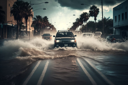 Cars Driving on Flooded Florida Street. AIの素材