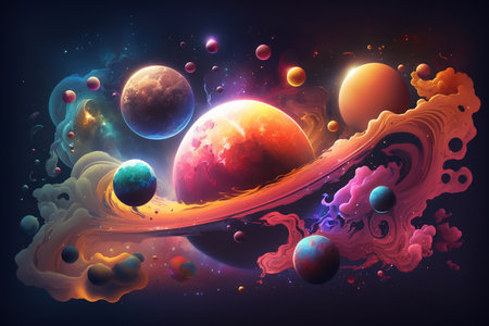 Vibrant Cosmic Illustration featuring Psychedelic Galaxies and Planets. AIの素材