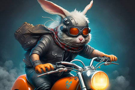 Humorous Rabbit Motorcyclist. AIの素材