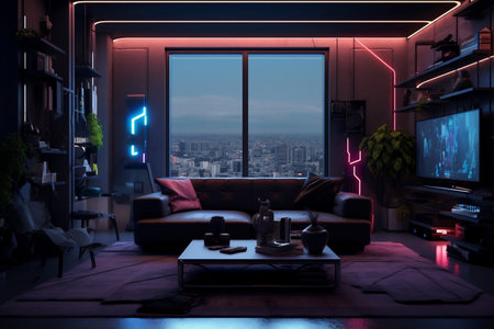 Cyberpunk-Inspired Dark Minimalist Apartment Living Room Generative AIの素材