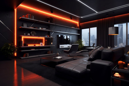 Cyberpunk-Inspired Dark Minimalist Apartment Living Room Generative AIの素材
