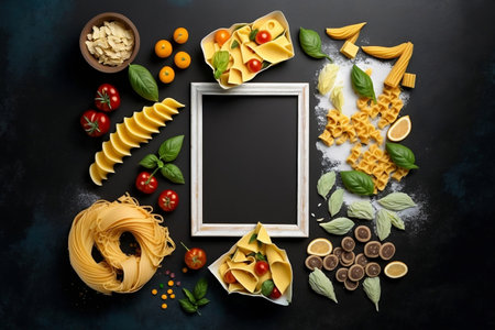 Assorted Pasta Varieties on White Chalkboard. Ideal for Posters, Menus, Cafes, and Restaurants. Studio Shoot. Copy Space, Top View. AIの素材