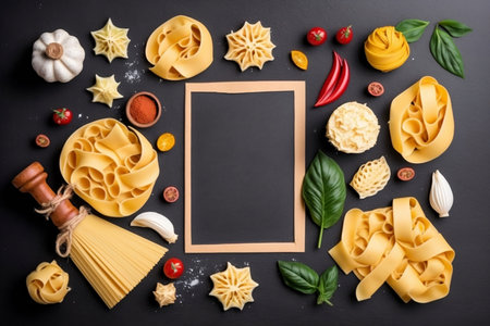 Assorted Pasta Varieties on White Chalkboard. Ideal for Posters, Menus, Cafes, and Restaurants. Studio Shoot. Copy Space, Top View. AIの素材