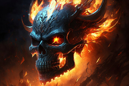 Fantasy Art Flaming Skull Engulfed in Hellfire. AIの素材