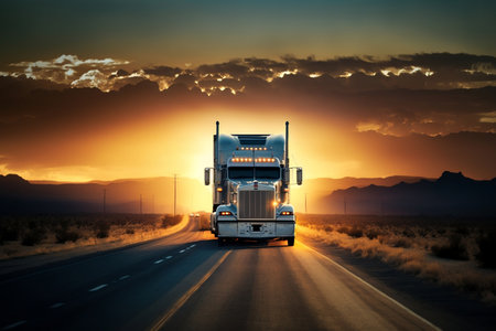 Sunset Drive White Truck Cruising Along the Highway. AIの素材