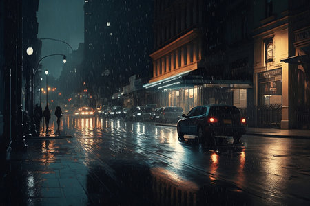 Nighttime City Street Dark and Rainy Urban Scene. AIの素材