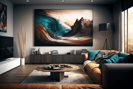 Cozy Living Space: Central Couch, Coffee Table, Television, and Wall Painting in a Room. AIの素材
