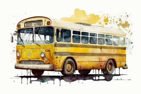 Vibrant Watercolor Illustration: Colorful Yellow School Bus on White Isolated Background. AIの素材