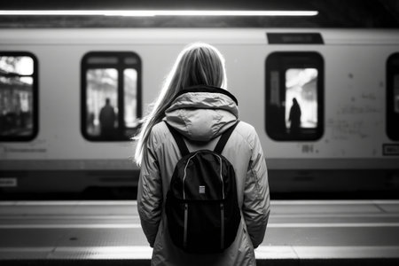 Waiting at Metro Station Young Woman's Perspective as the Train Arrives. AIの素材
