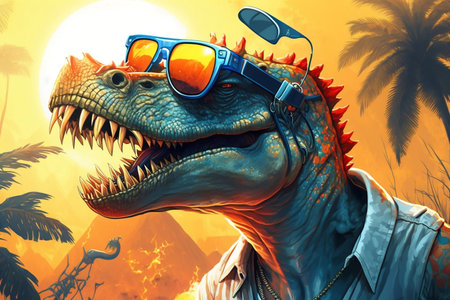 Hip-Hop Dinosaur: Cool Sunglasses and Cartoon Comic Illustration. AIの素材